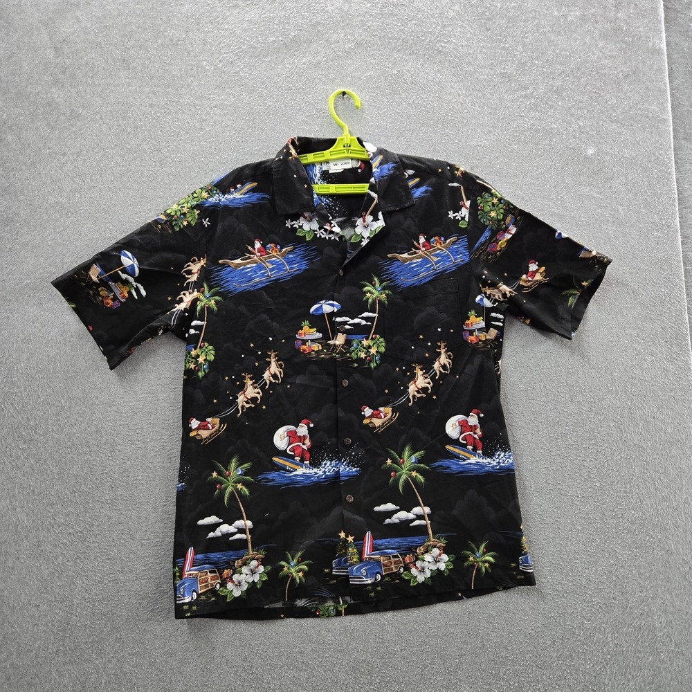Pacific Legend Apparel Men Button Up Shirt L Black Graphic Santa Hawaii